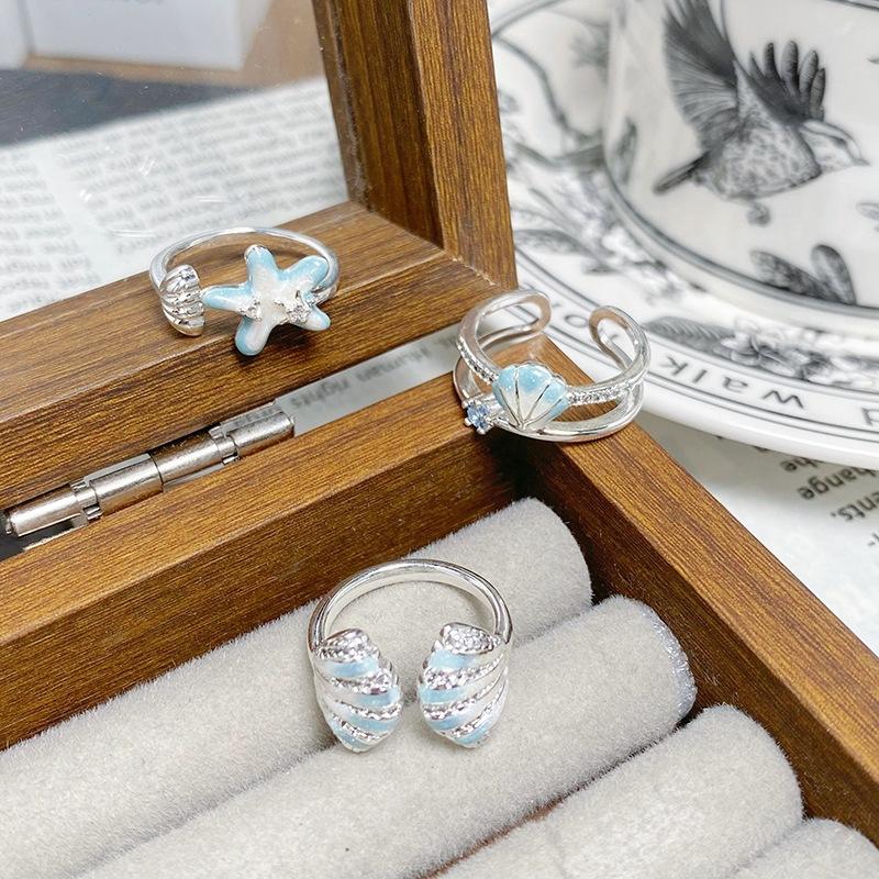 [Beihaixing Language] Blue Ocean Enamel Oil Dripping Shell Starfish Opening Ring Niche Zircon Stacked Ring