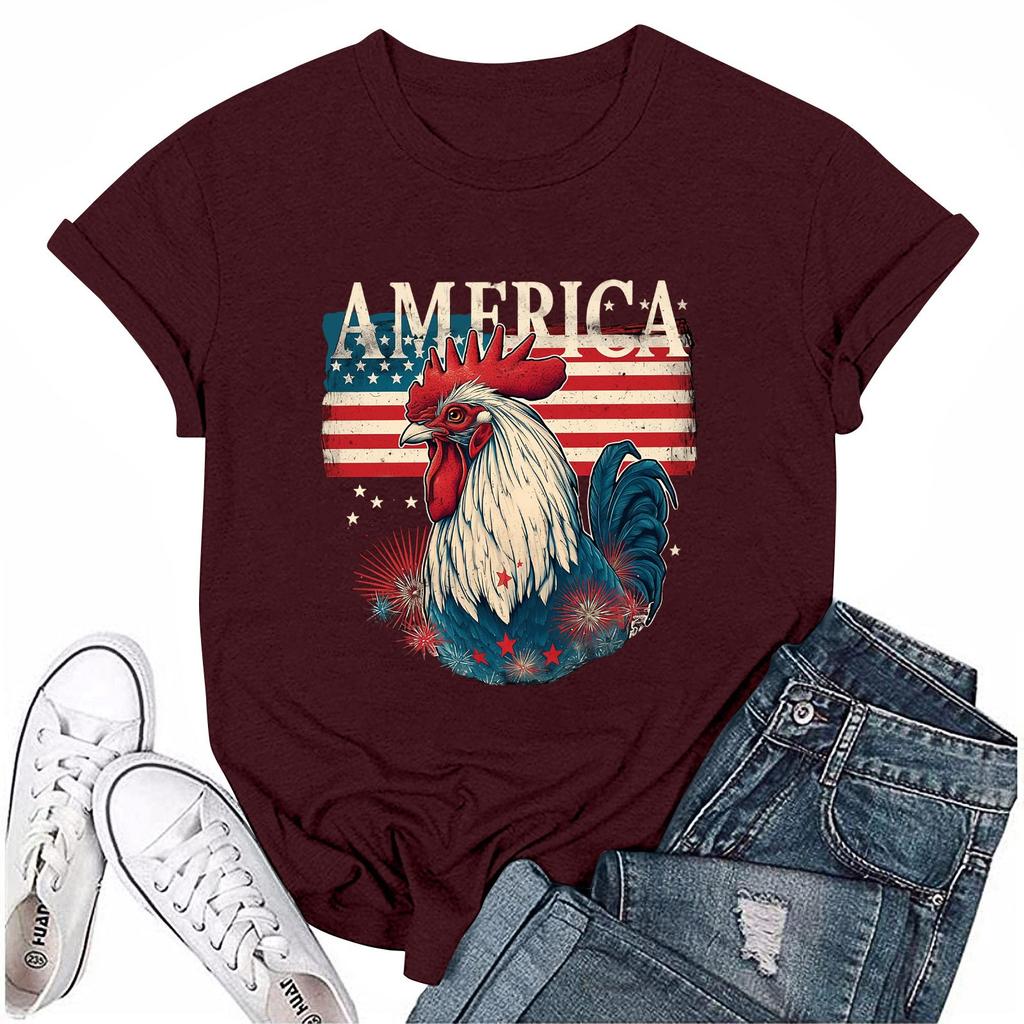 Women's Round Neck Casual Independence Day Printed Short Sleeve T-Shirt Top