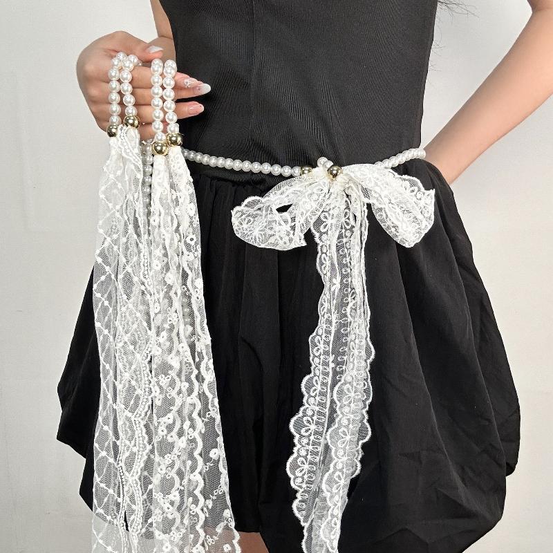 Elegantní dlouhý mašlový krajkový pásek řetízek dámský perlový střapec ozdoba pasu vázací řetízek k šatům džínový pásek