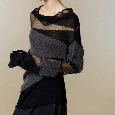Spring and Autumn Mesh Splicing High Neck Loose Hollow Knitted Sweater Women's Thin Sweater