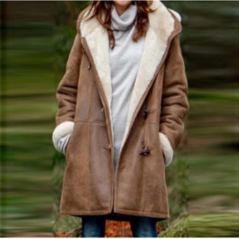 Winter Minimalistischer Einfarbiger Lässiger Knopf Cardigan Warmer Mittellanger Damenmantel mit Kapuze