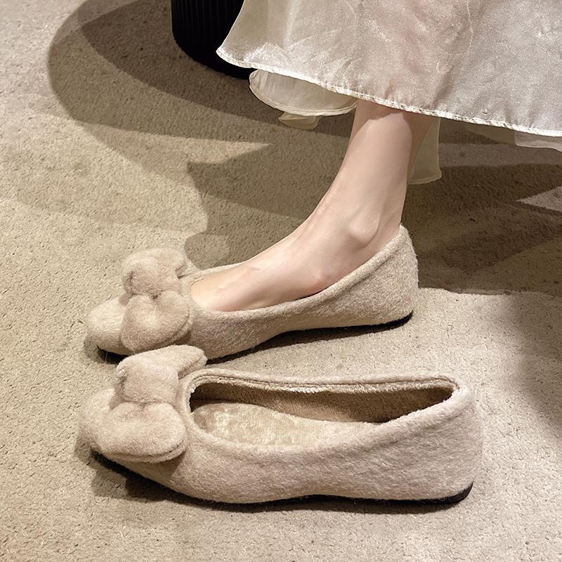 Fashion Aphixta Elegant Bow Corduroy Upper Women Flats Shoes Shallow Slip On Loafers Woman Grey Sweet Shoes Soft Sole Ladies Shoes