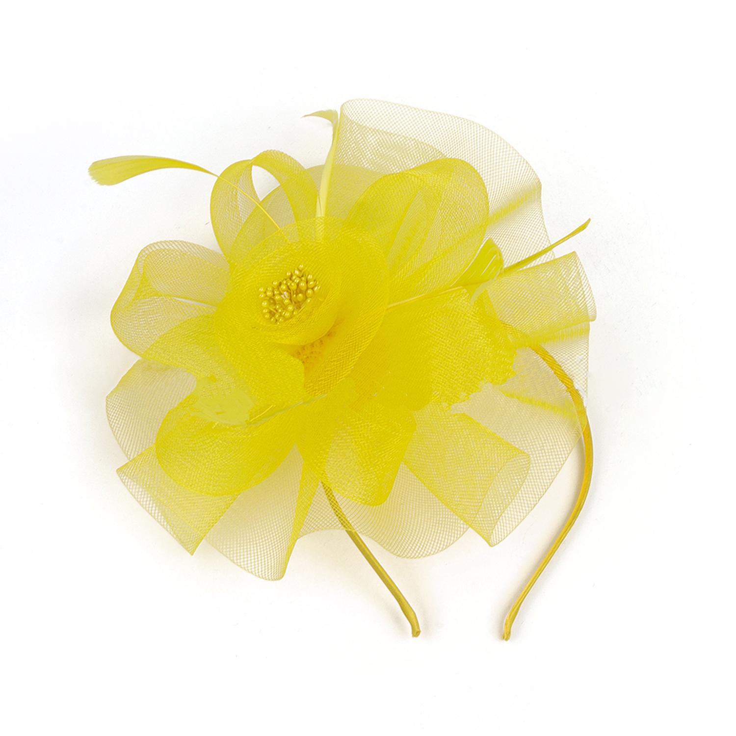 

Женская шляпка-фасинатор, коктейльная, свадебная, для вечеринки, церковная, элегантный головной убор, перья, заколка для волос невесты, тычинки, сетка, аксессуары для волос жёлтый