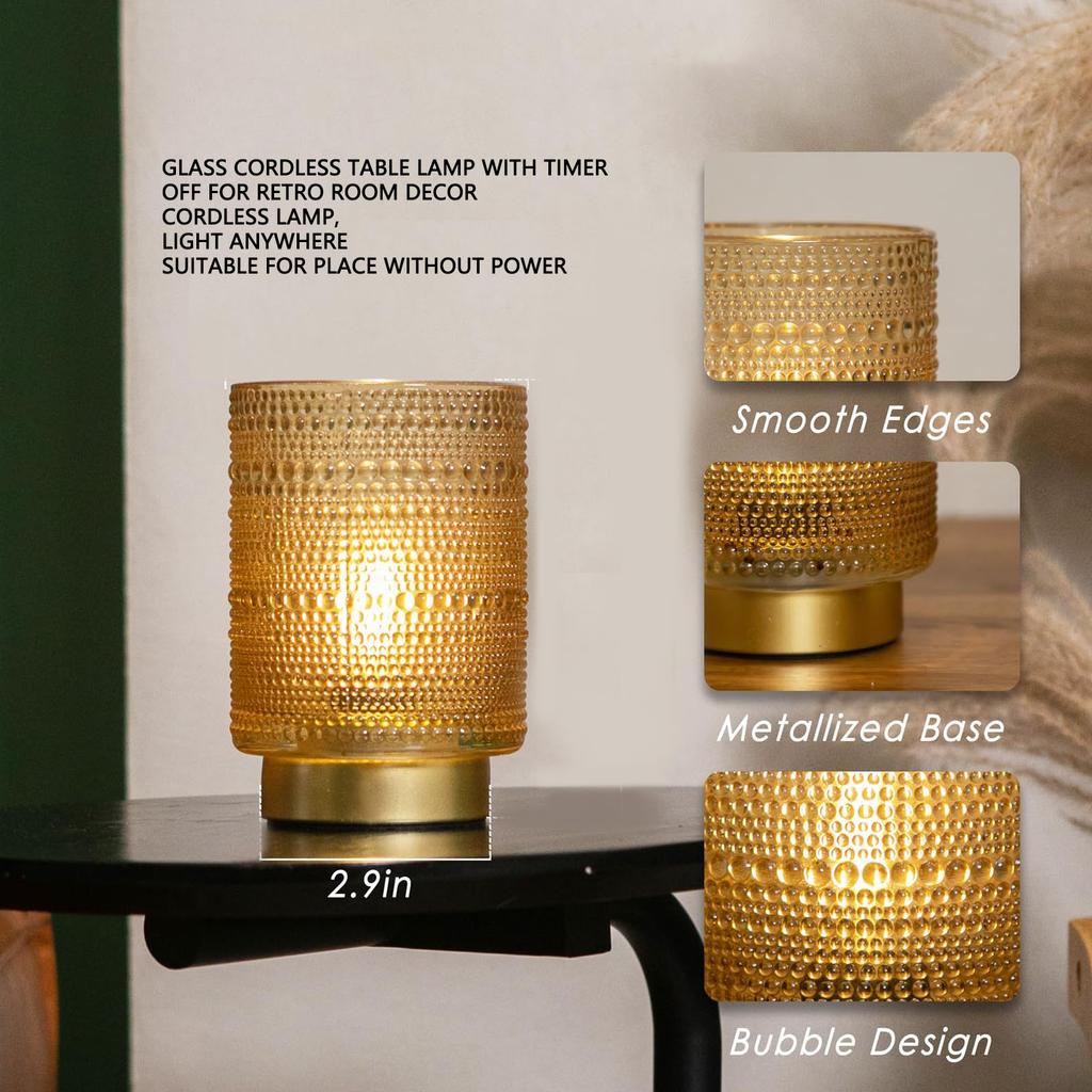 Battery Operated Lamp with Timer LED Bulb Amber Glass Table Lamp Decorative Nightstand Lamp for Bedroom Living Room Entrance