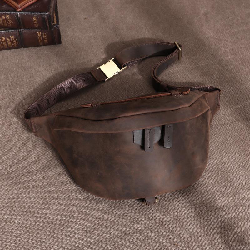 Crazy Horse Leather Men's Bag Waist Bag, Multi Functional Large Capacity Outdoor Sports Leather Phone Bag, Genuine Leather Cross Chest Bag