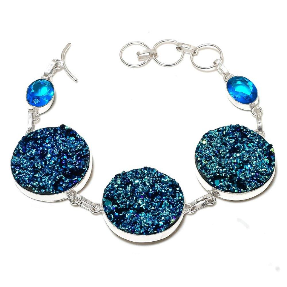 Natural Titanium Druzy,Blue Topaz Stone 925 Sterling Silver Bracelet 7-8" W1N79