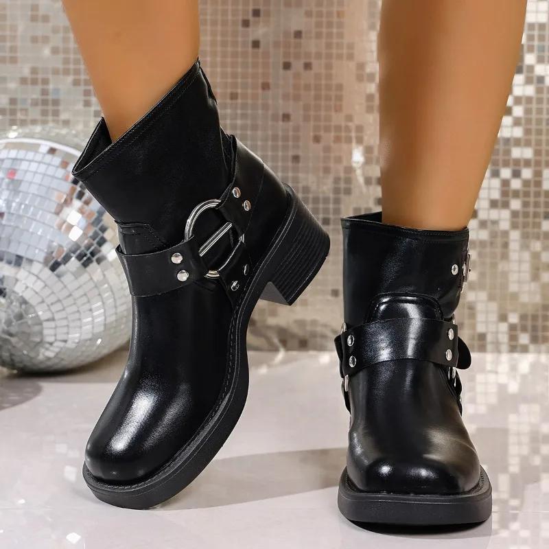 Studded Metal Buckle Platform Non-Slip Single Boots Women's Fashion Round Toe Sleeve Block Heel Booties