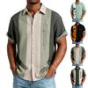 Men Short Sleeve Button Down Shirt Vertical Stripe Pattern Geometric Print Lapel Collar Relaxed Fit Casual Top