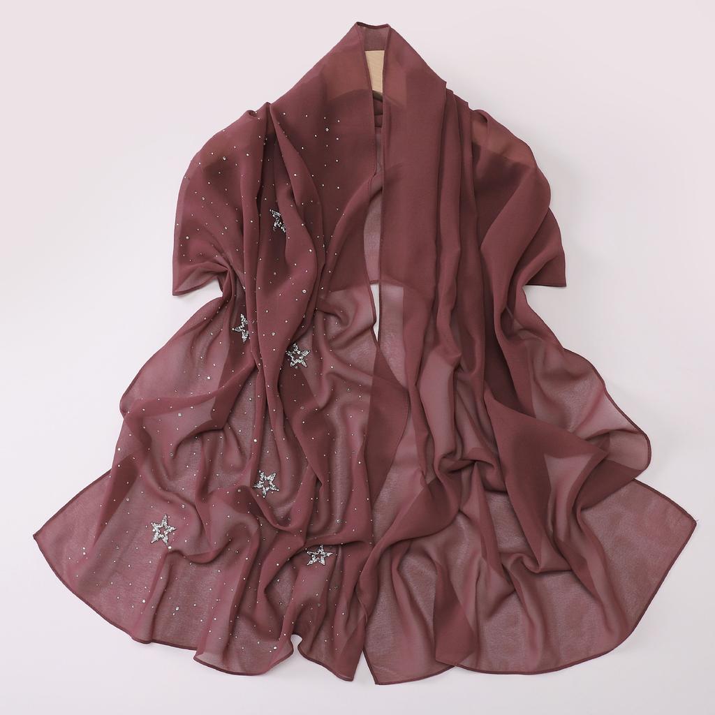 VigoAnne 2025 Lady Muslim Pentagram Hot Stamping Hijab Shawls Women Plain Scarf Chiffon Solid Islamic Turban Headband 175cm*70cm