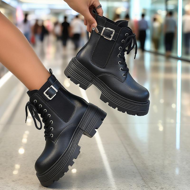 New Autumn Winter Platform Boots Women Fashion Lace Up Zipper Ankle Boots Woman Punk Thick Heel Leather Boots