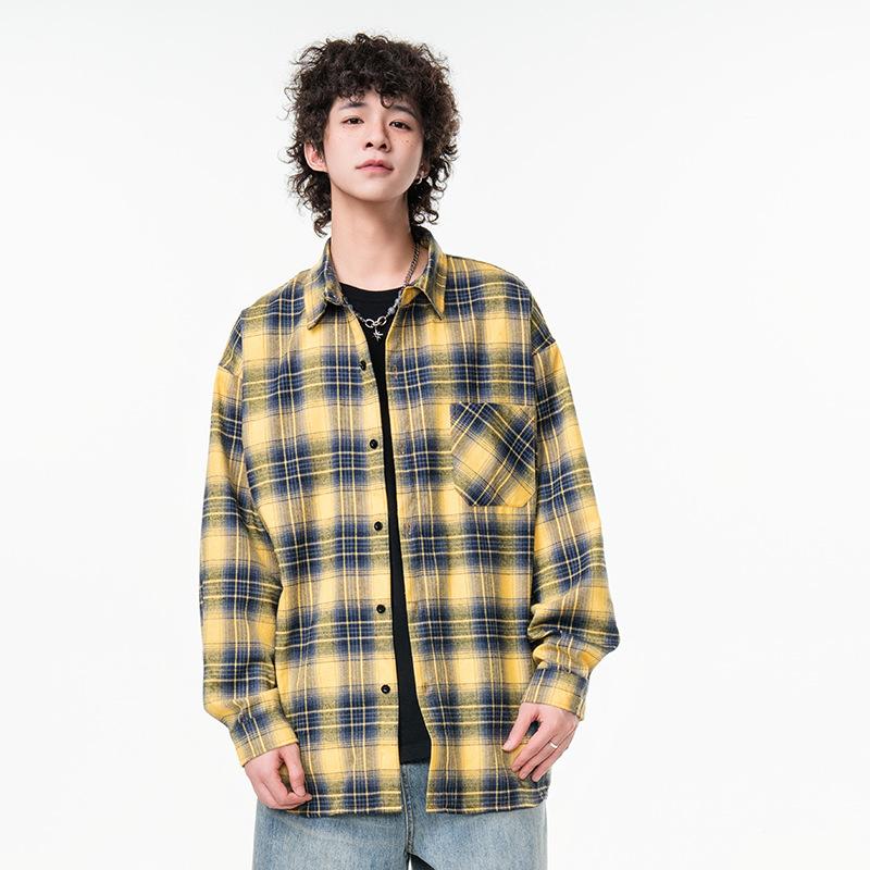 New Japanese Mid-length Shirt for Spring for Men's Fashion Trend Casual Plaid Shirt