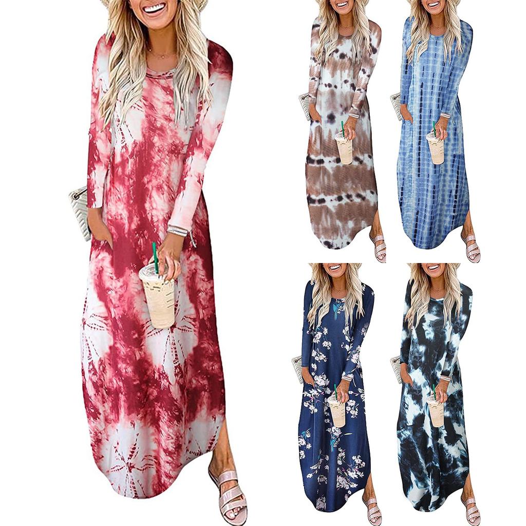 Fashion Womens Loose Long Sleeve Long Dress Round Neck Slit Pocket Ladies Dress