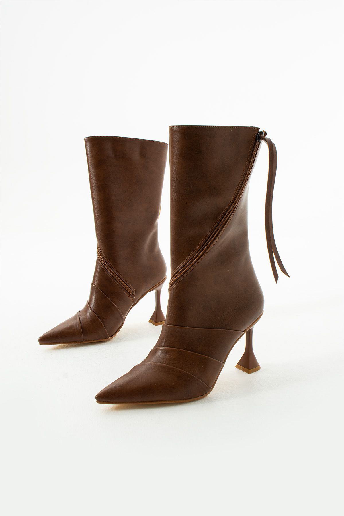 

Women Modern Stylish Fashion Boots Boots Tan Pleated Detail Zippered Heeled Boots 36