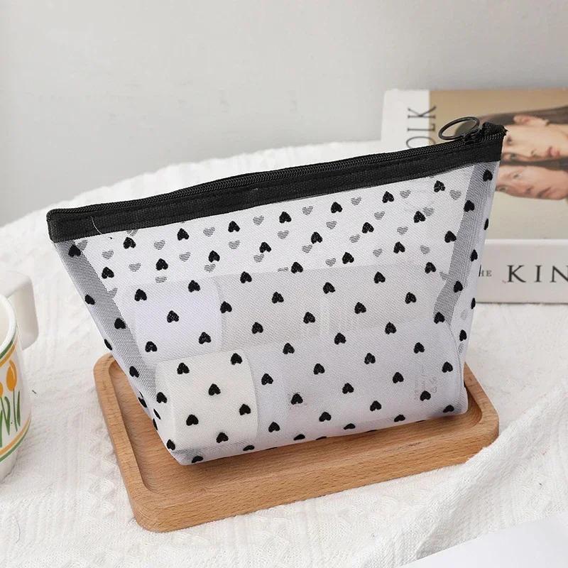 Love Print Mesh Cosmetic Bag Portable Toiletry Organizer Makeup Bag Multifunction Transparent Women Lipstick Storage Pouch