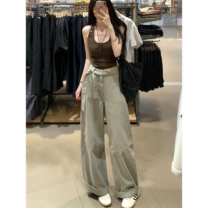 

Gray Green Ribbon Lazy Style Wide Leg Denim Women s Small Retro High Waist Loose and Slimming Draping Mopping Pants Gray green pants recommend height 155-165cm XL