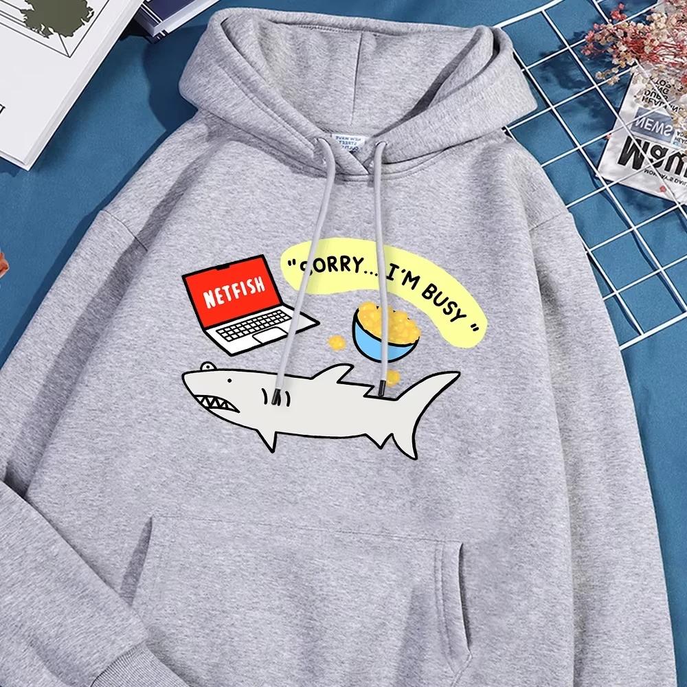 Fun Shark Cartoons Print Streetwear Men Women Crewneck Pullover Hoodies Kawaii Fleece Streetwear Fashion Couple