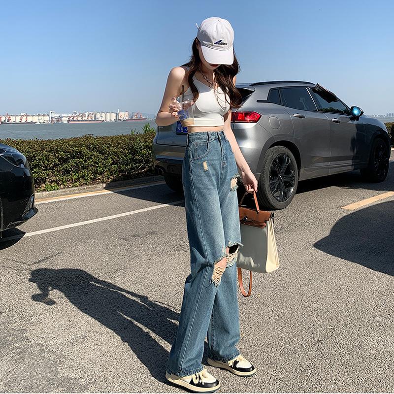 Jarní a letní roztrhané džíny dámské retro trendy kalhoty s vysokým pasem a širokými nohama