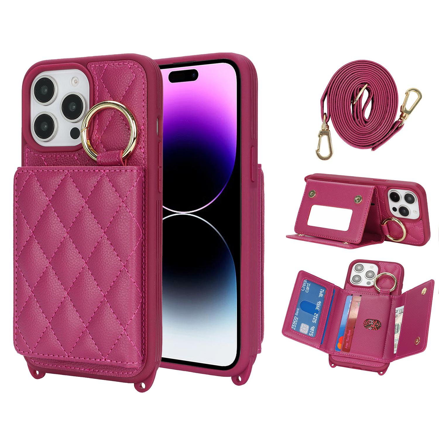 

For iPhone 14 Pro Case with Lanyard/Mirror/Card Holder Grids Pattern RFID Blocking Phone Cover