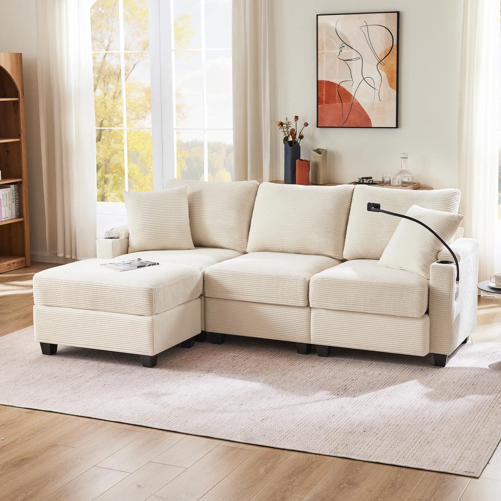 L-Shaped Corner Sofa, Convertible 3-Seater with Footstool, Cup Holder, USB Charger, Armrest Tray and 2 Cushions, Living Room/Office/Apartment, Beige