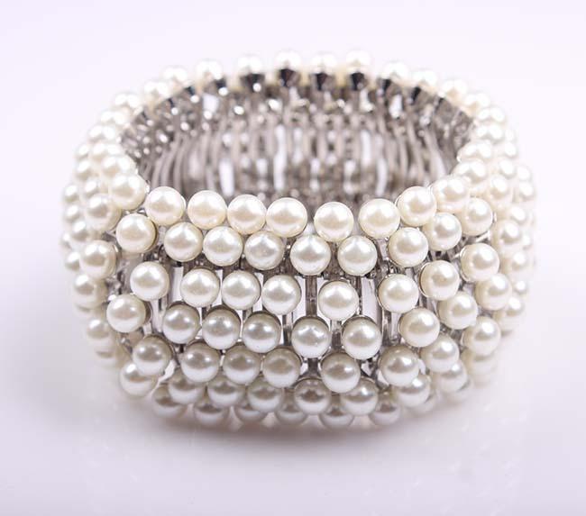 Exaggerated Pearl Metal Elastic Wide Bracelet Bracelet Female Big Brand Accessories