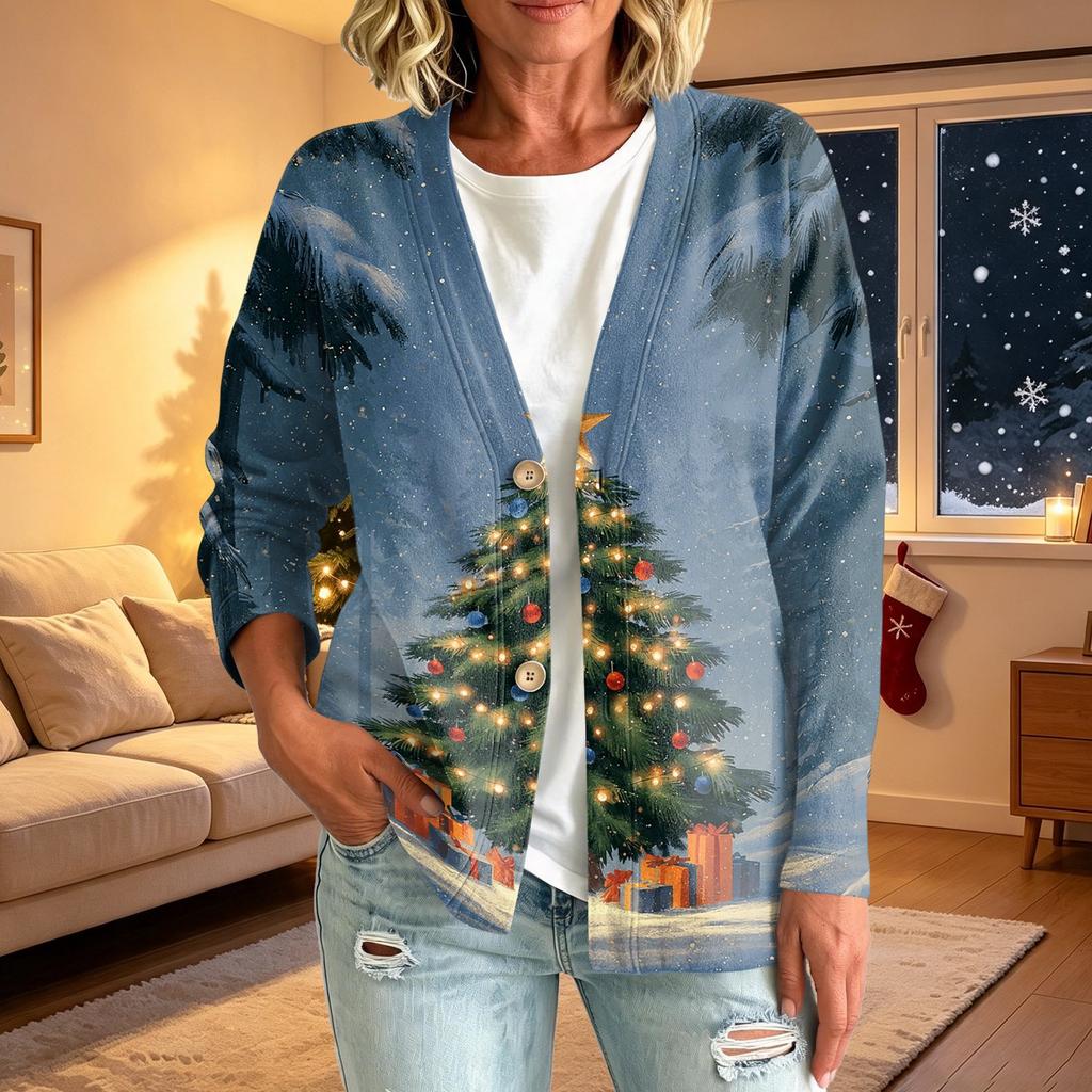 Women's Casual Christmas Print Button Jacket, Outerwear for Holiday Parties and Daily Wear