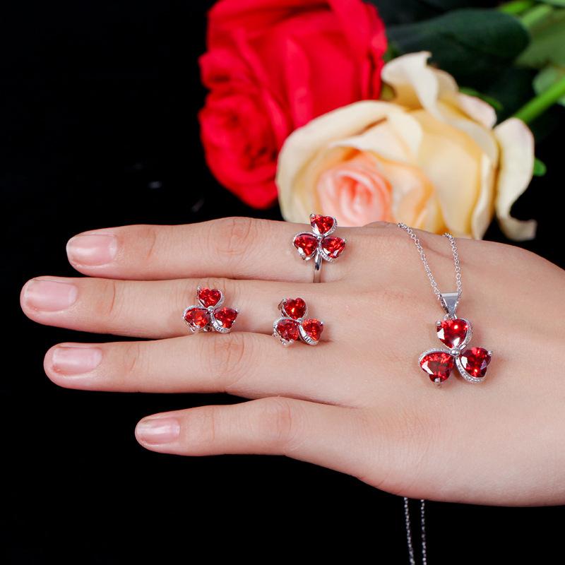 Ki0081 Exquisite Clover Zircon Set, Earrings, Pendant Ring Three-Piece Set