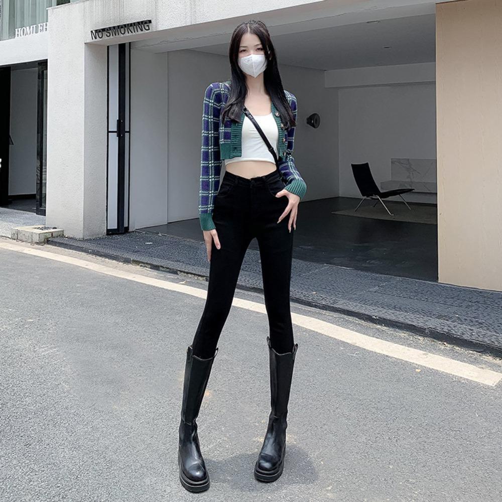 Trend ins high-waisted jeans women's tight-fitting small feet 2025 autumn and winter new thin elastic pencil jeans