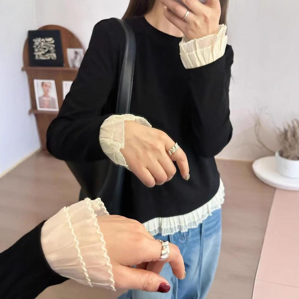 Spring 2025 Versatile Lace Patchwork Long Sleeve Knit T-Shirt