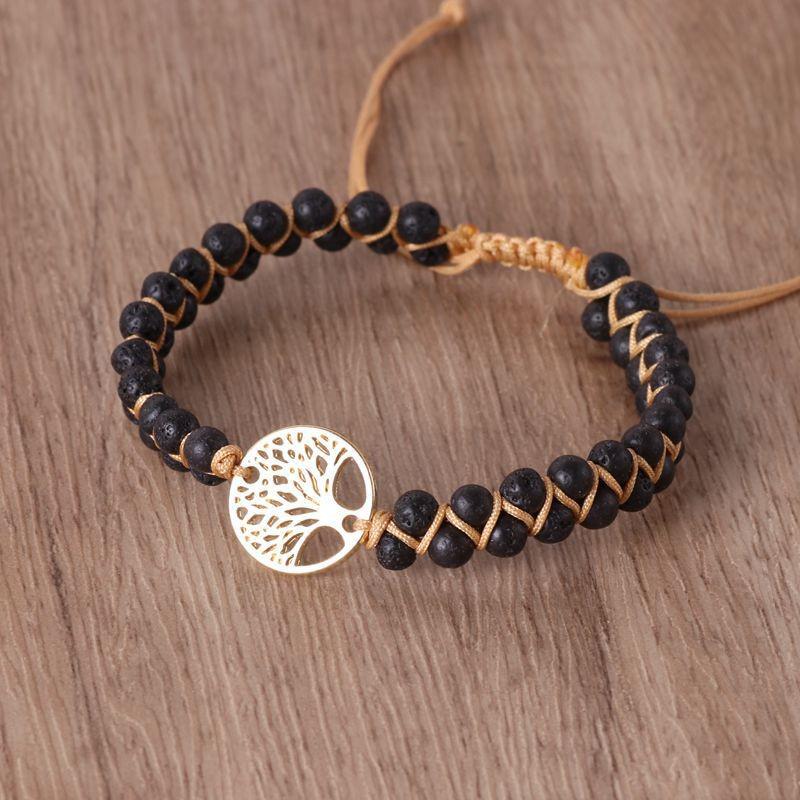 Double-Layer Braided Bracelet with Tree Charm & African Turquoise Beads