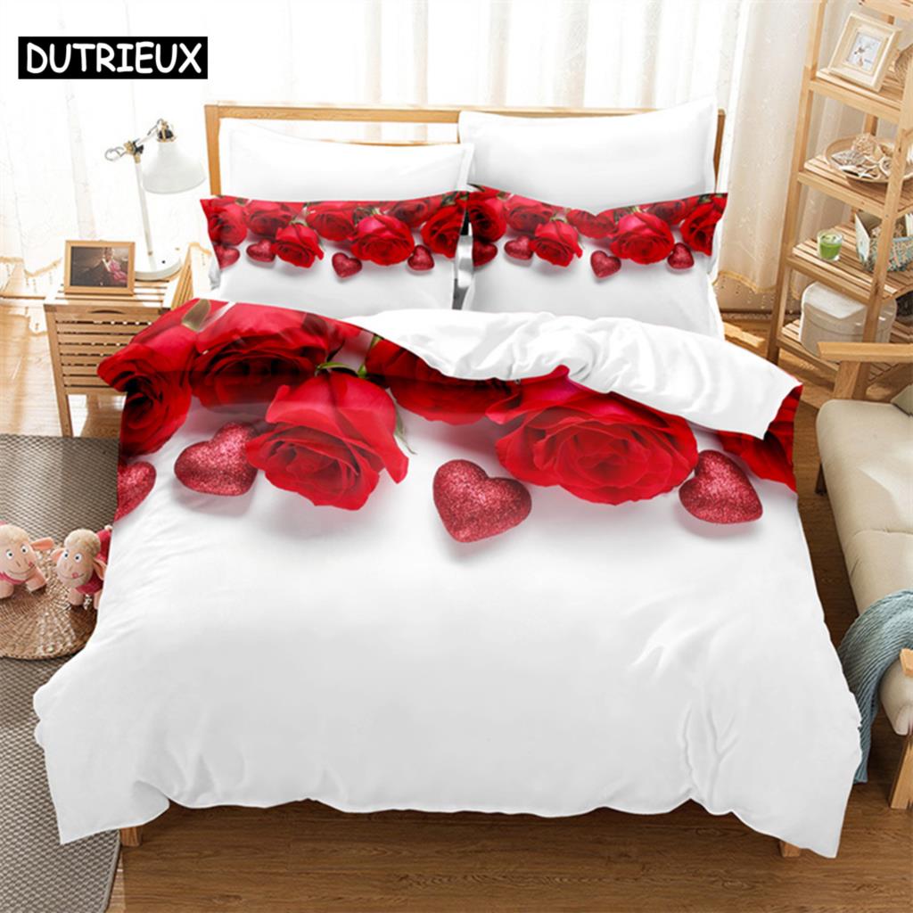 Comforter Red Rose Lovers Queen Bedding Set Girls Bedroom Bed Set Comforter Set King Size Bedding Sets
