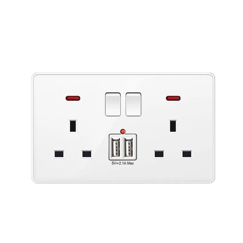 White UK Plug 13A with USB Panel UK Socket Panel, International Universal USB Mobile Phone Charging Socket, with LED Light