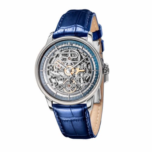 Reef Tiger Automatic Mechanical Watch, Men's Skeleton Stainless Steel White Watch, RGA1975 (RGA1975-YLS)