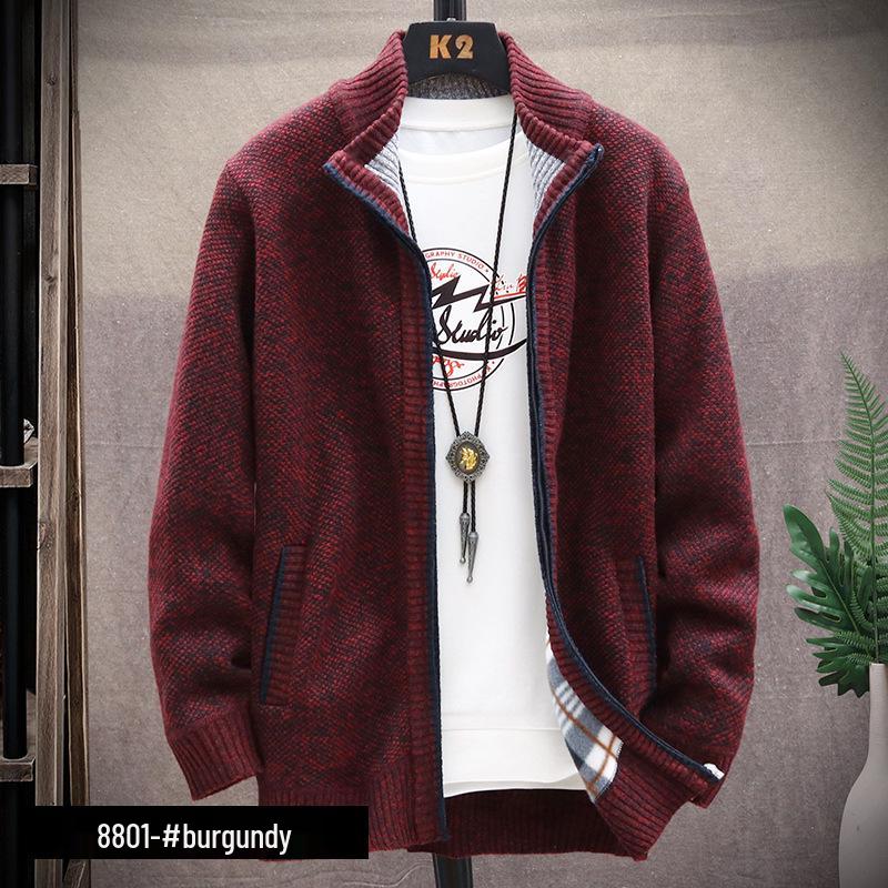 Herren Fleecegefütterte Strickjacke: Herbst/Winter Lässige Strickjacke, Übergröße, Einfarbig, Stehkragen.