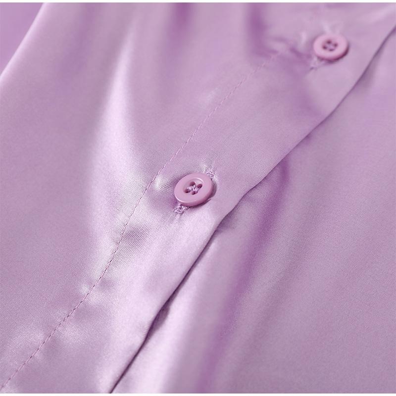 Damen 2023 Elegant Satin Einfarbig Langarm Blusen Damen Chic Vintage Blau Grün Lässig Locker Sitzend Knöpfe Hemden Oberteile