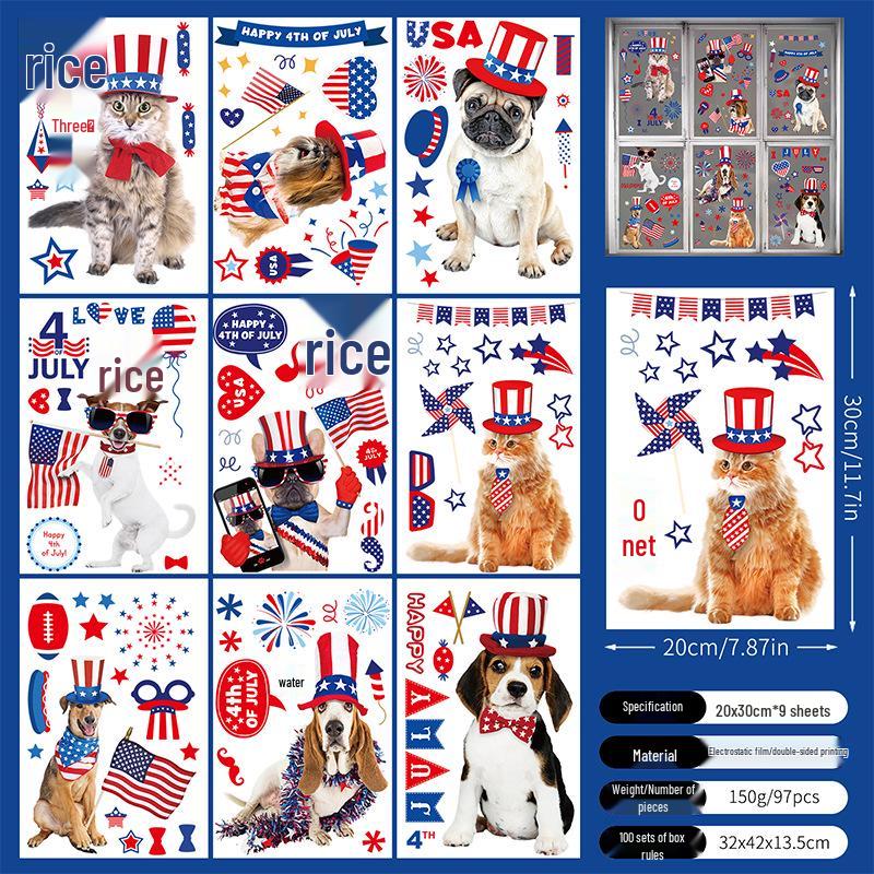 Double-Sided Pet-Themed Static Window Stickers for US Independence Day Parties and Dorms