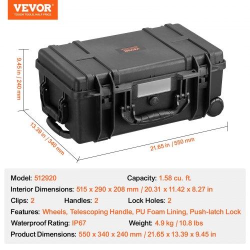 VEVOR Weatherproof Hard Case, Heavy Duty Protective Dry Box Case with Pre-cut Foam, Wheels & Retractable Pull Handles for Travel, Hunt, Military