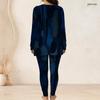 Women Plus Size Printed Dark Blue Round Neck Long Sleeve Longline Top And Fitted Pants Two Piece Set