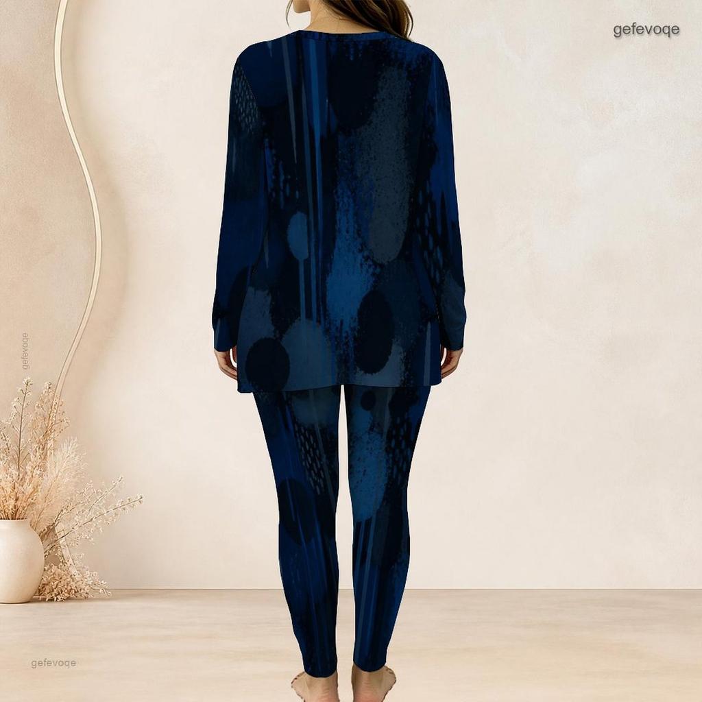 Women Plus Size Printed Dark Blue Round Neck Long Sleeve Longline Top And Fitted Pants Two Piece Set