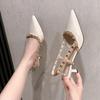 Baotou Sandals Women's Middle Heel Summer New Patent Leather Pointed Head Rivets Thin Heel Single Shoes One-word Buckle with Empty High Heels