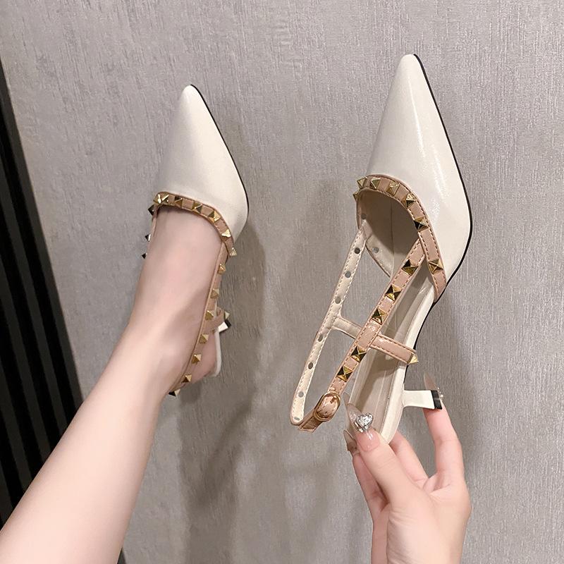 Baotou Sandals Women's Middle Heel Summer New Patent Leather Pointed Head Rivets Thin Heel Single Shoes One-word Buckle with Empty High Heels