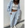 Spring New Women Vertical Stripe Shirt + Drawstring Pants Two Piece Set, Casual Striped Outfit Suits For Women
