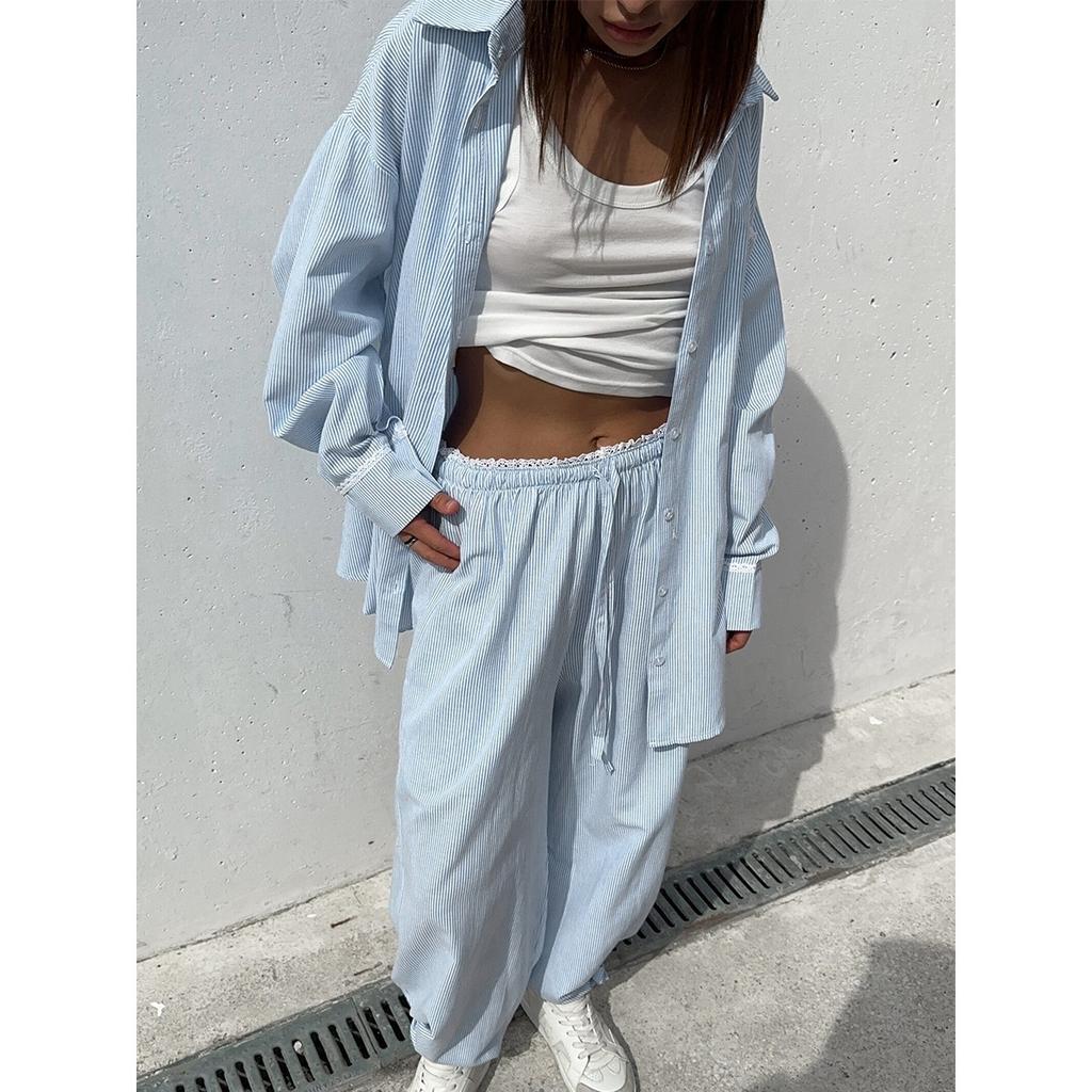 Spring New Women Vertical Stripe Shirt + Drawstring Pants Two Piece Set, Casual Striped Outfit Suits For Women