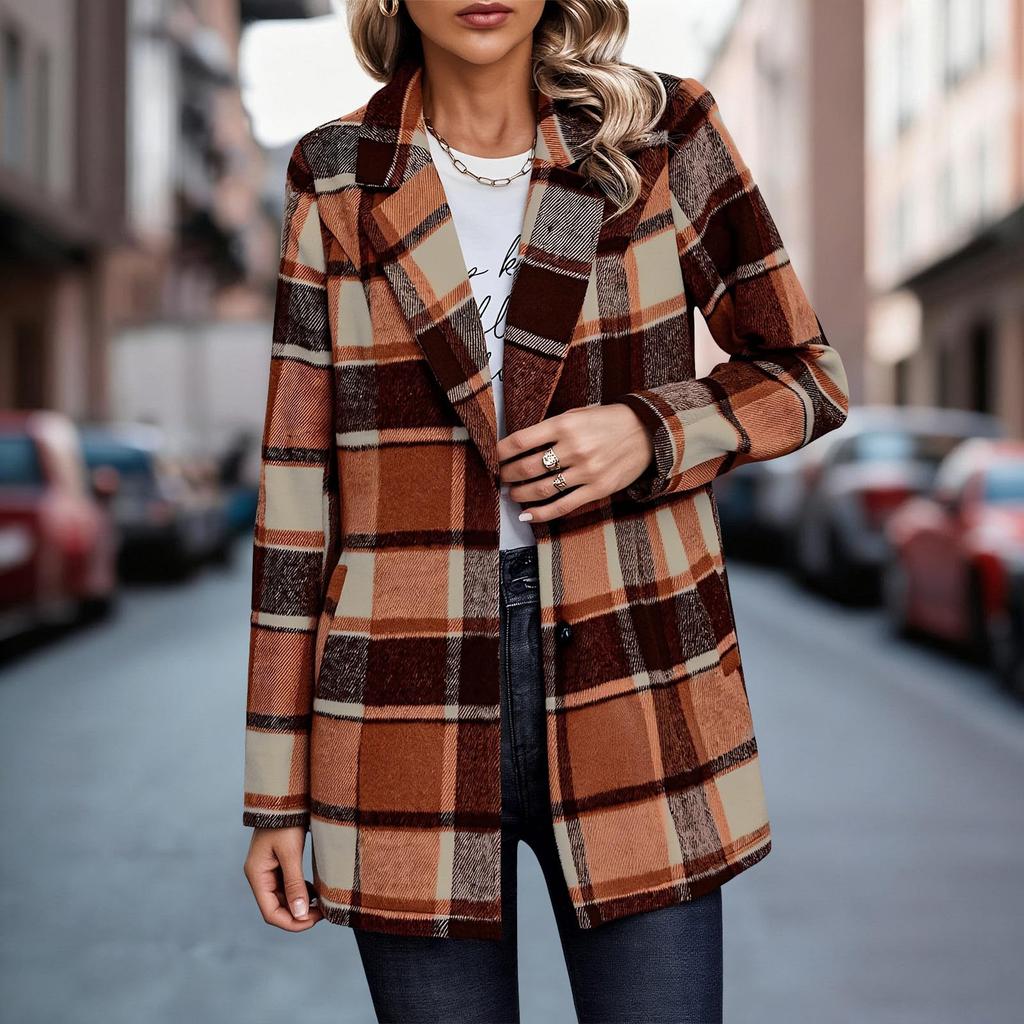 Women's Casual Fashion  Plaid Shirt Medium Woolen Coat