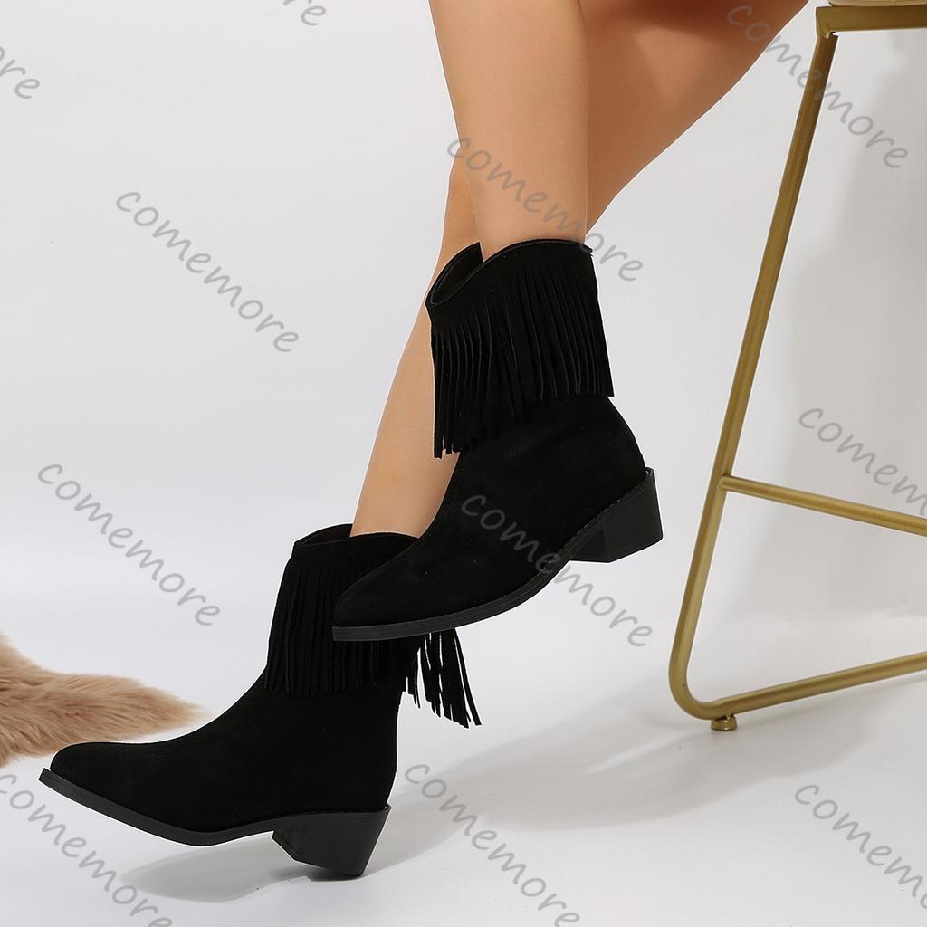 Fashion Comemore Suede Black Brown Tassels Western Knight Boots Women Autumn Winter Thick Middle Heel Cowboy Botas Fashion Women's Shoes