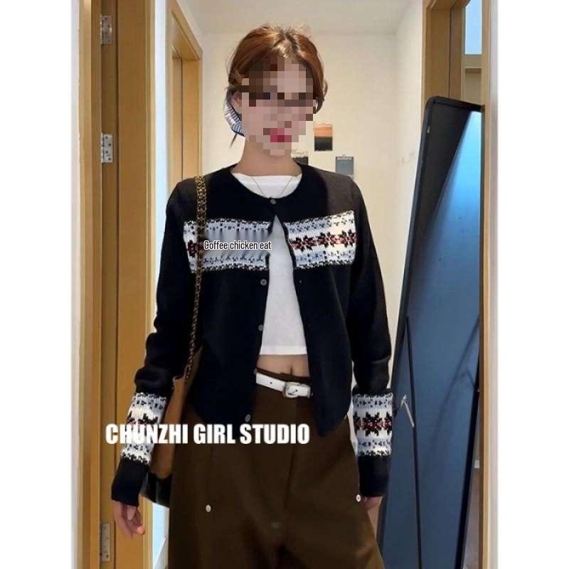 2025 Retro Fair Isle Women s Cardigan - Autumn/Winter Knitwear One Size чёрный