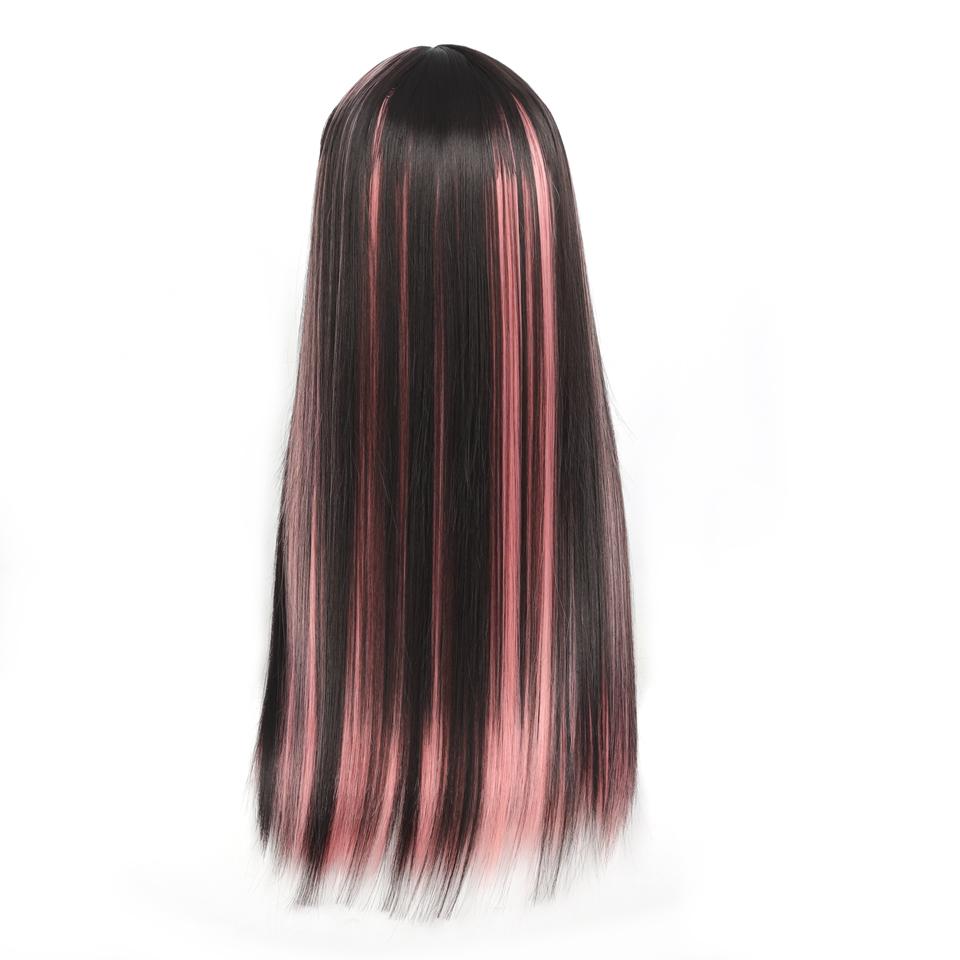 Synthetic Long Straight Harajuku Pink Brown Wig With Bangs Heat-Resistant Kawaii Lolita Wigs For Women Cosplay Hair Wig