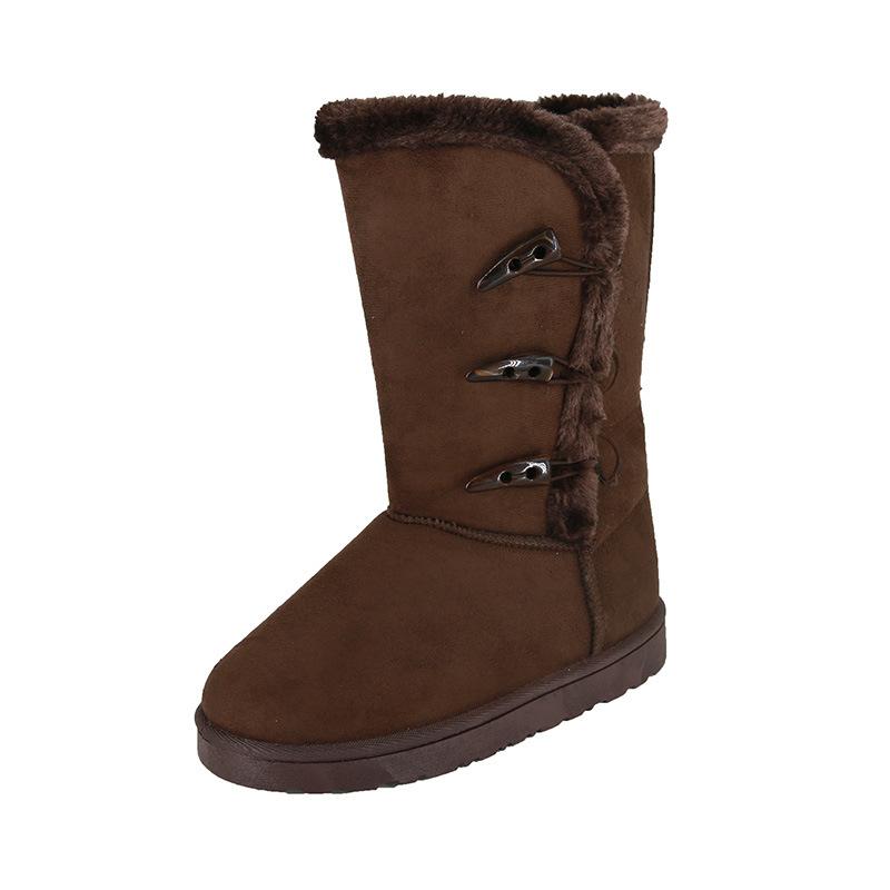 Winter velvet snow boots women's cotton shoes horn buckle medium and high boots flat bottom student warm boots