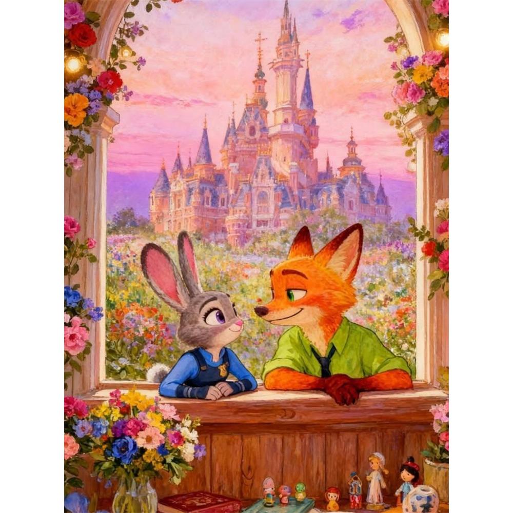 

Disney Diamond Painting Judy and Nick From Zootopia Cartoon Mosaic Diamond Cross Stitch DIY Gift Home Decor Round 20x30cm