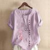 Women's FashionPink Flowers Prined Round Neck Short Sleeve T-shirt Casual Cotton Linen Graphic Shirt Leisure Loose Summer Blouse Tops Plus Size