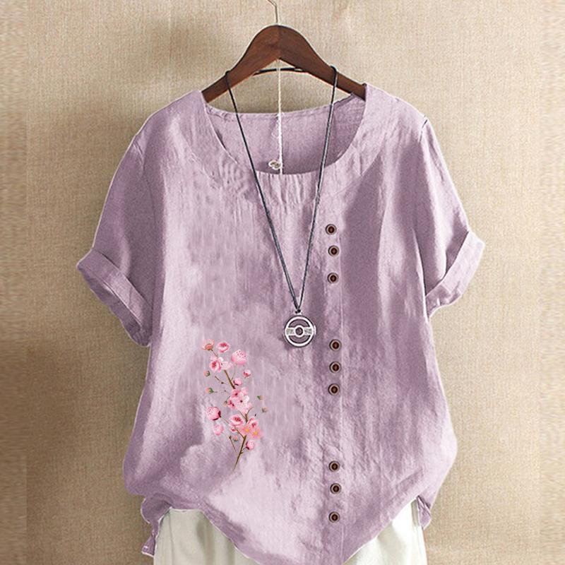 Women's FashionPink Flowers Prined Round Neck Short Sleeve T-shirt Casual Cotton Linen Graphic Shirt Leisure Loose Summer Blouse Tops Plus Size